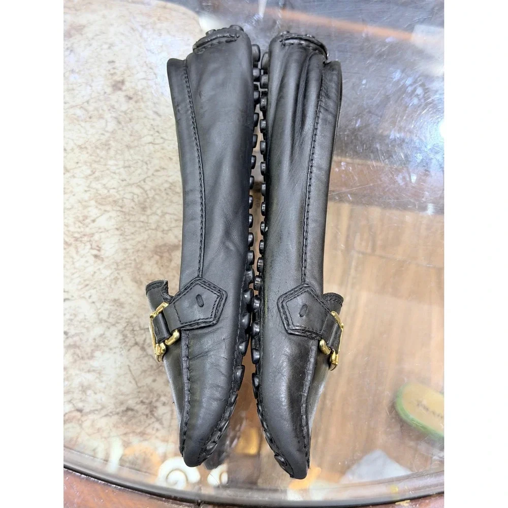 Louis Vuitton Black Leather Loafers Gold LV Logo Driving Shoes Womens Italy 39